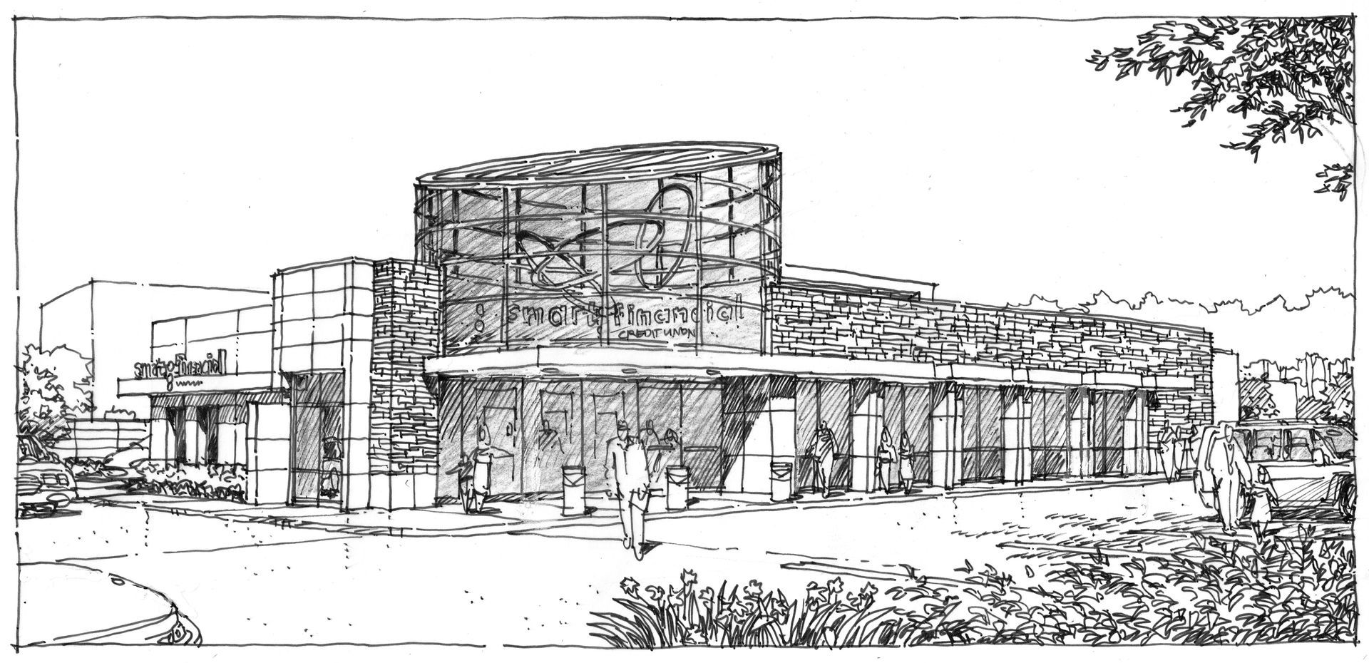 A black and white drawing of a large building