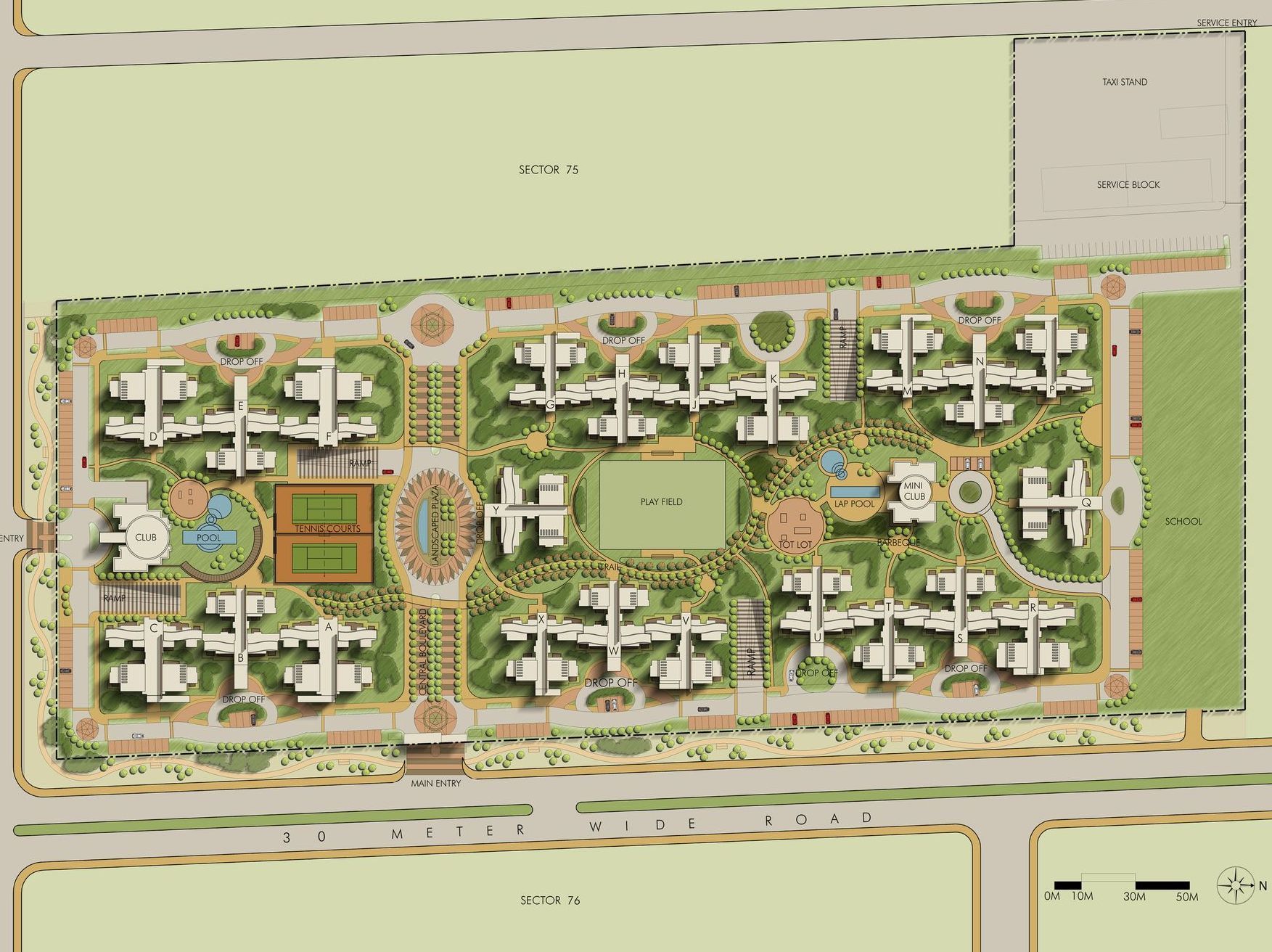 A drawing of a residential area with lots of buildings