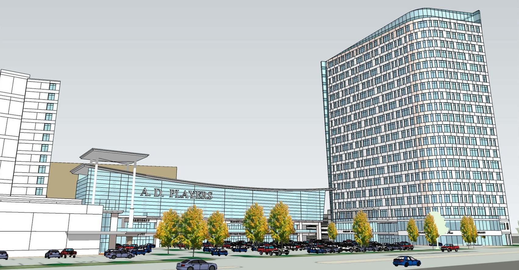 A drawing of a city with a large building in the middle