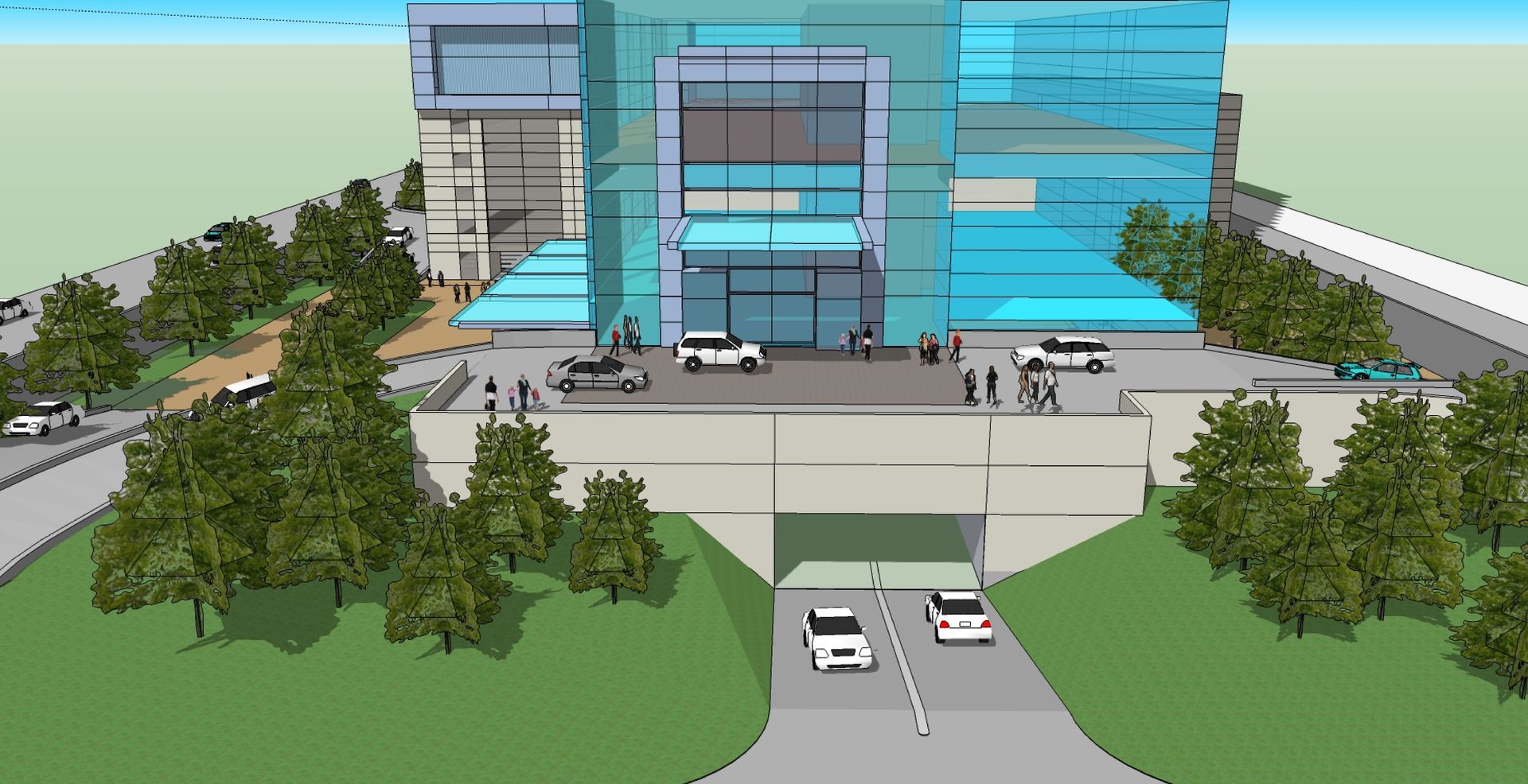 An aerial view of a building with cars parked in front of it