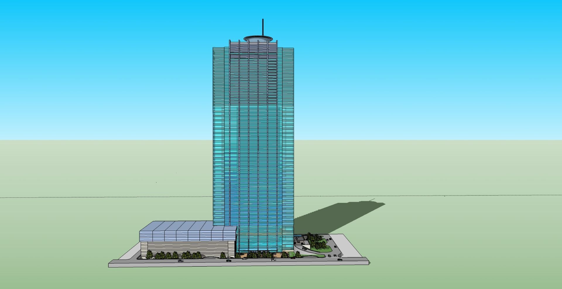 A 3d model of a tall building with a blue sky in the background