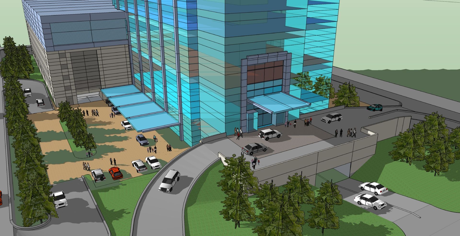 An aerial view of a building with a lot of windows