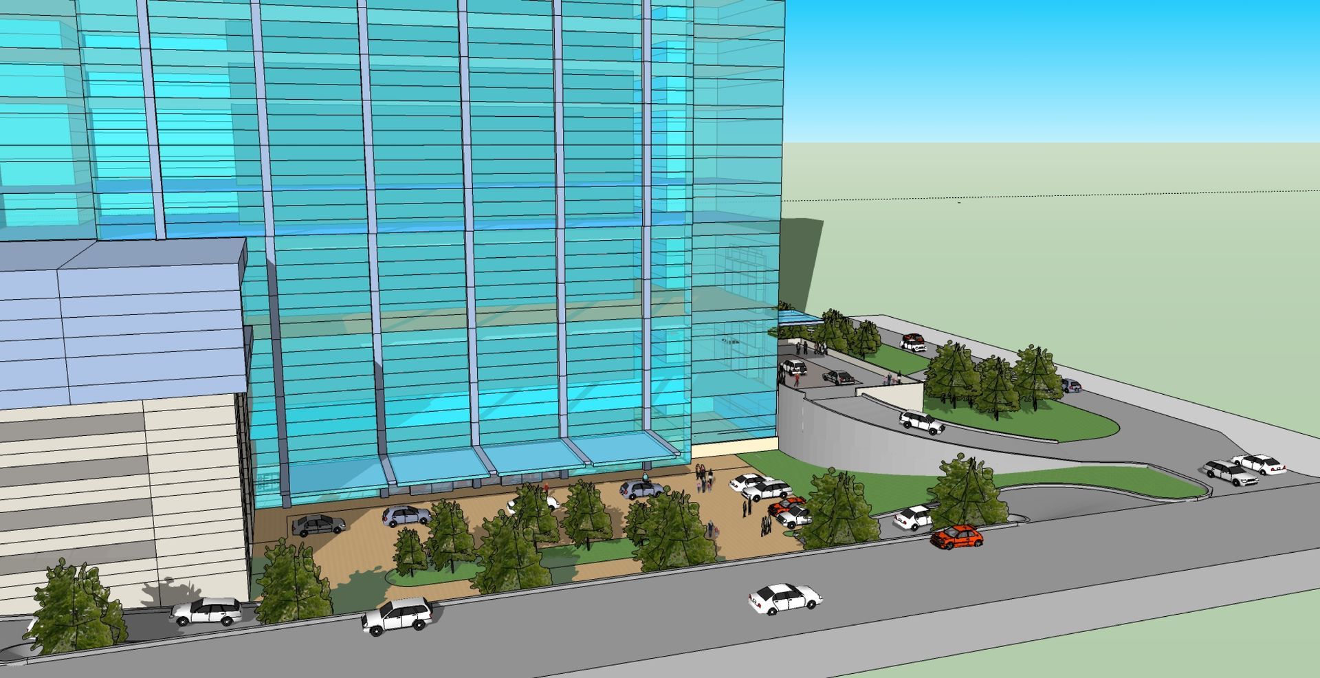 An aerial view of a building with cars parked in front of it