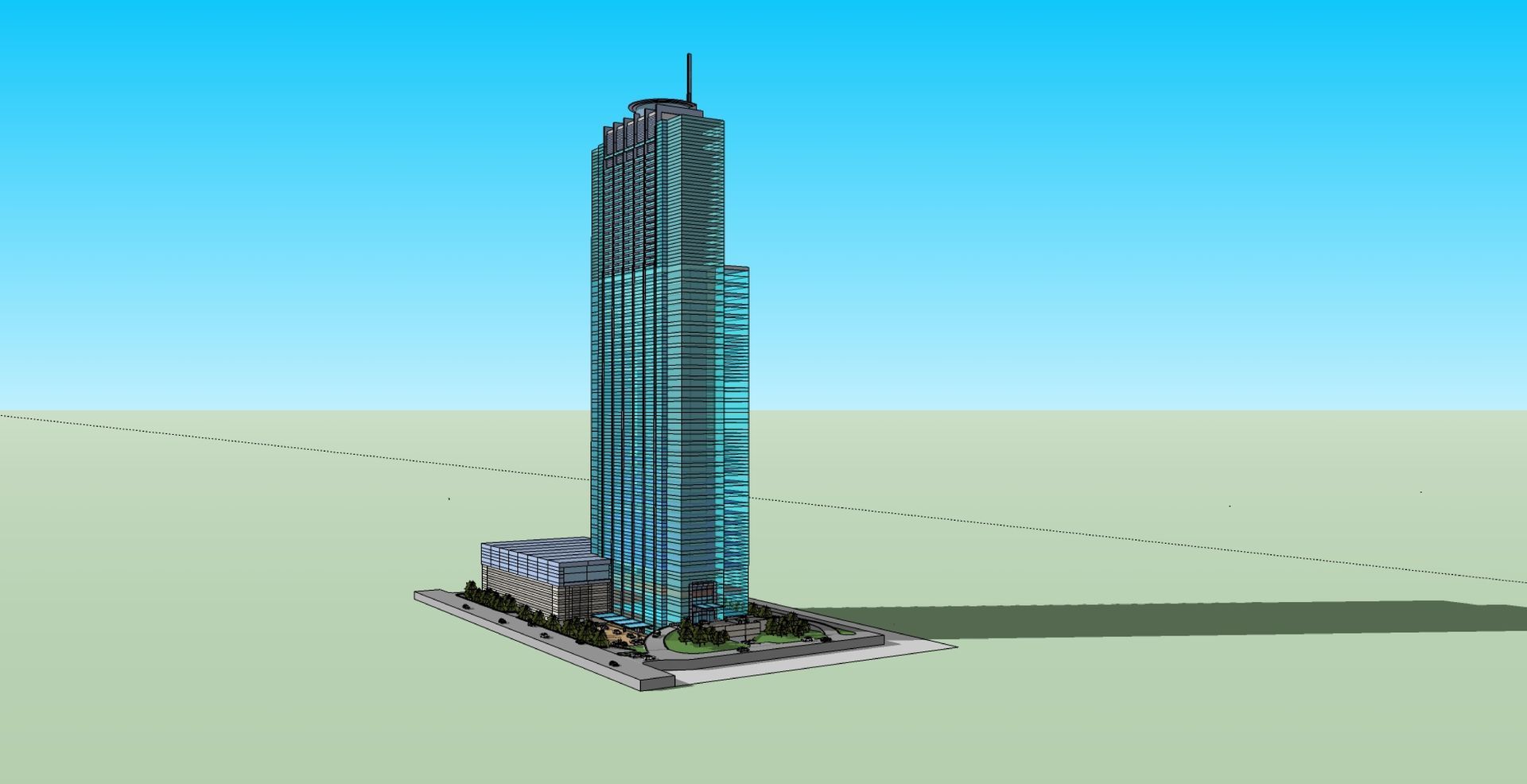 A 3d model of a tall building with a blue sky in the background