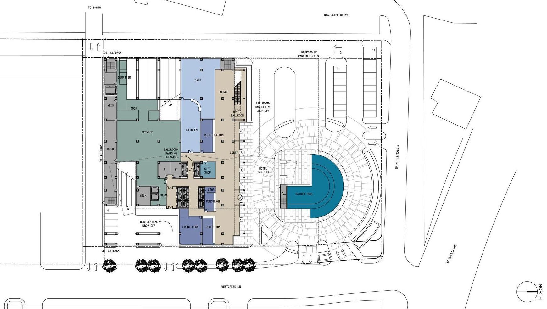 An aerial view of a building with a blue circle in the middle