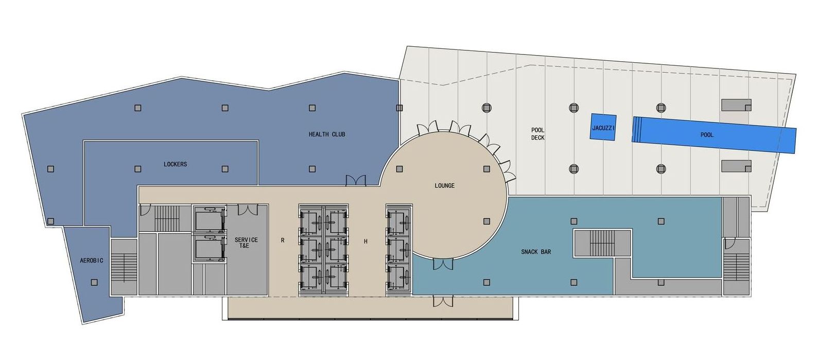 A blue and white floor plan of a building