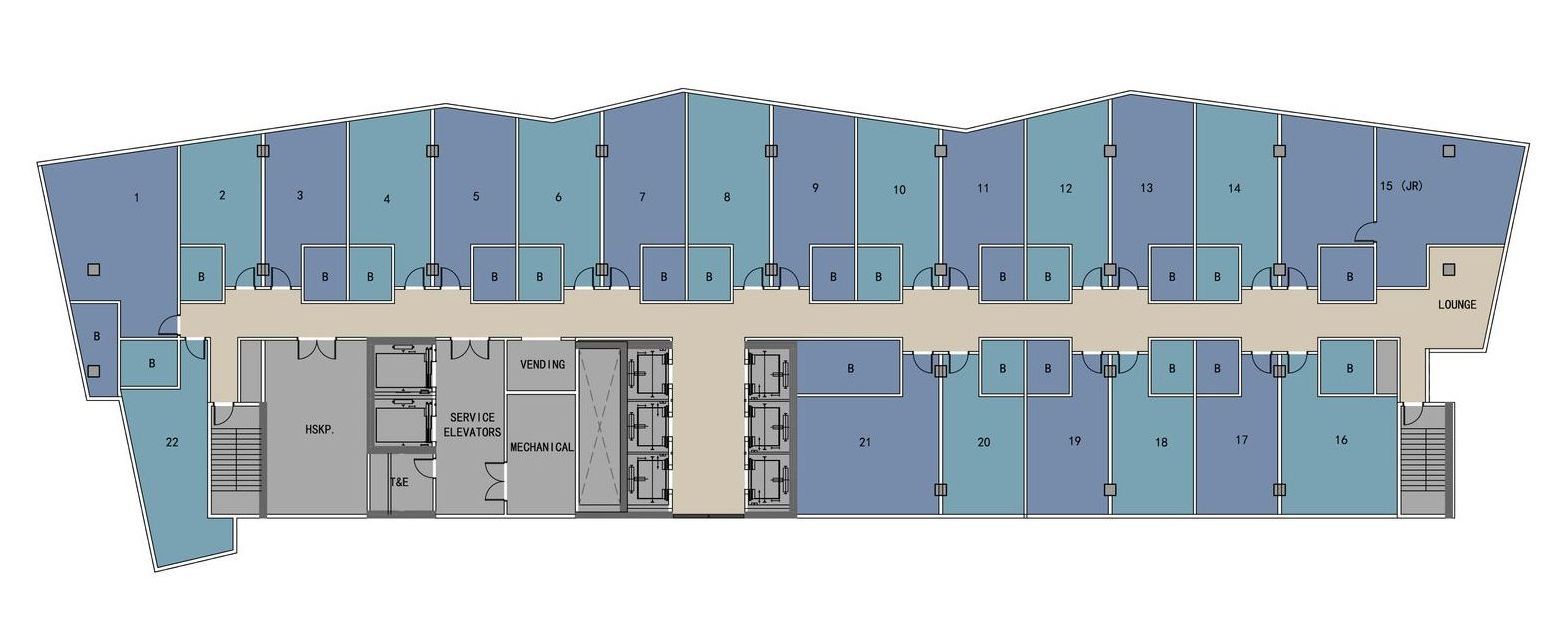 A blue and white floor plan of a building