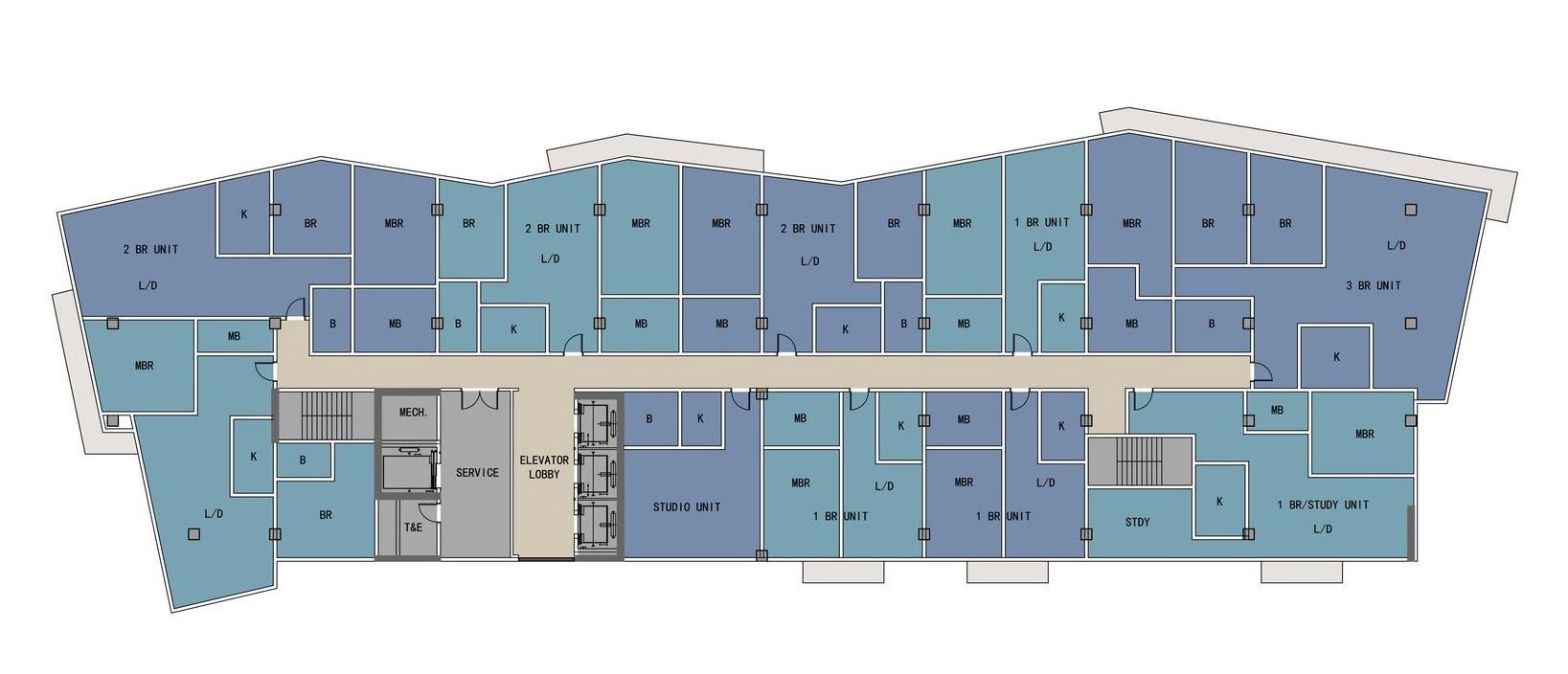 A blue and white floor plan of a building