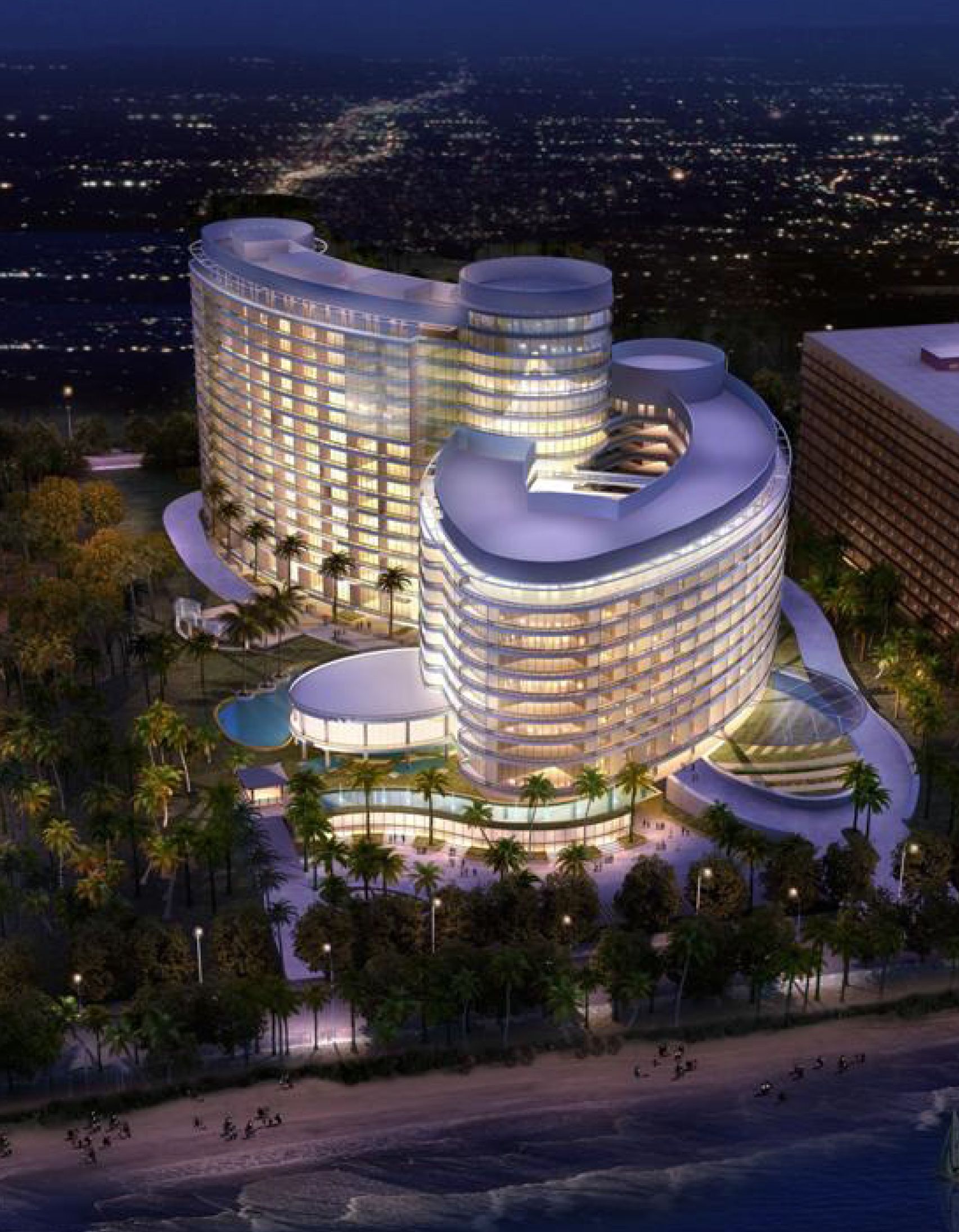 An artist 's impression of a hotel being built on the beach at night.
