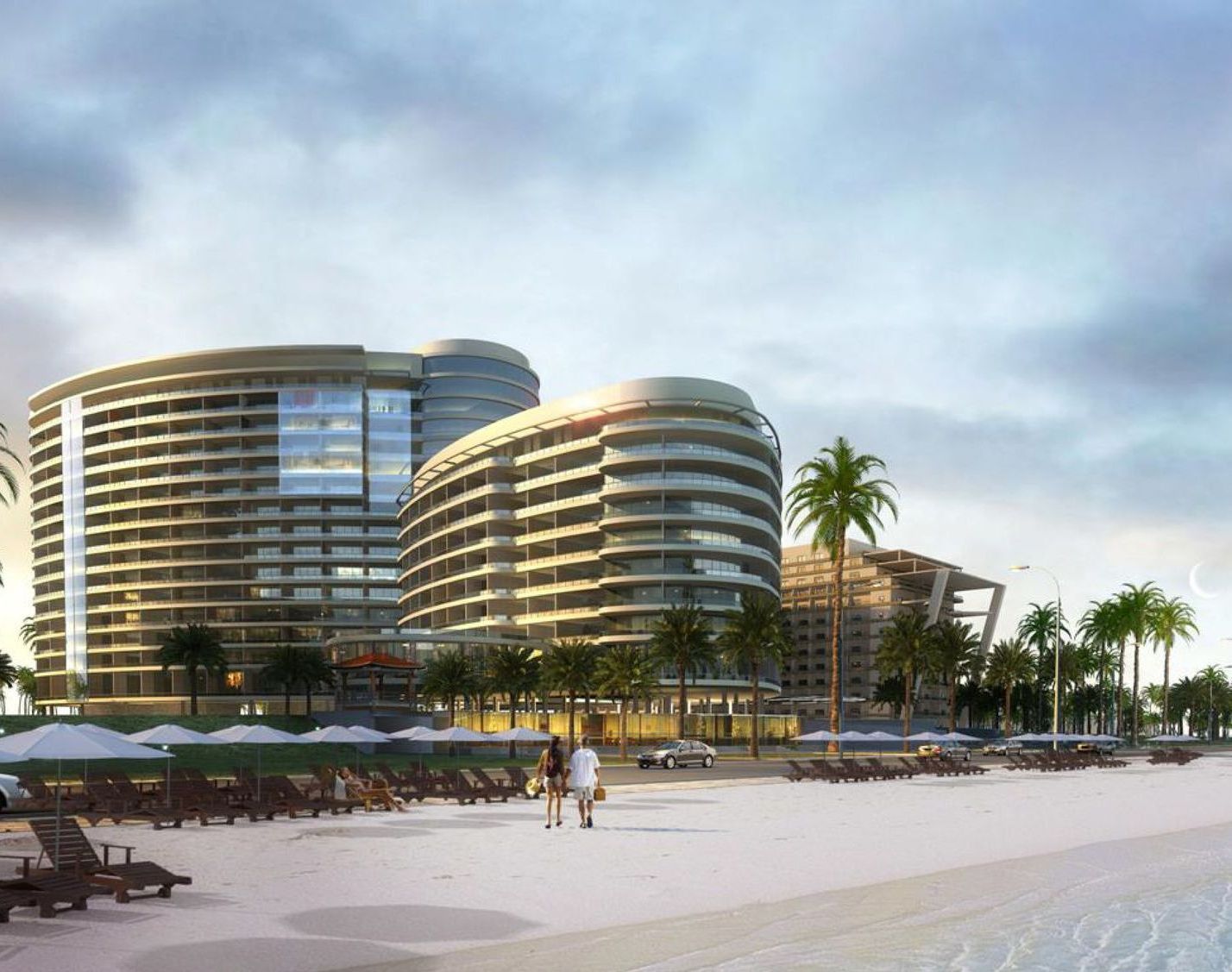 An artist 's impression of a hotel on the beach