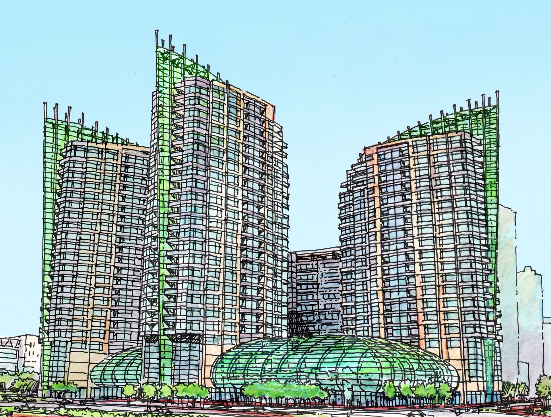 A drawing of a building with a green roof