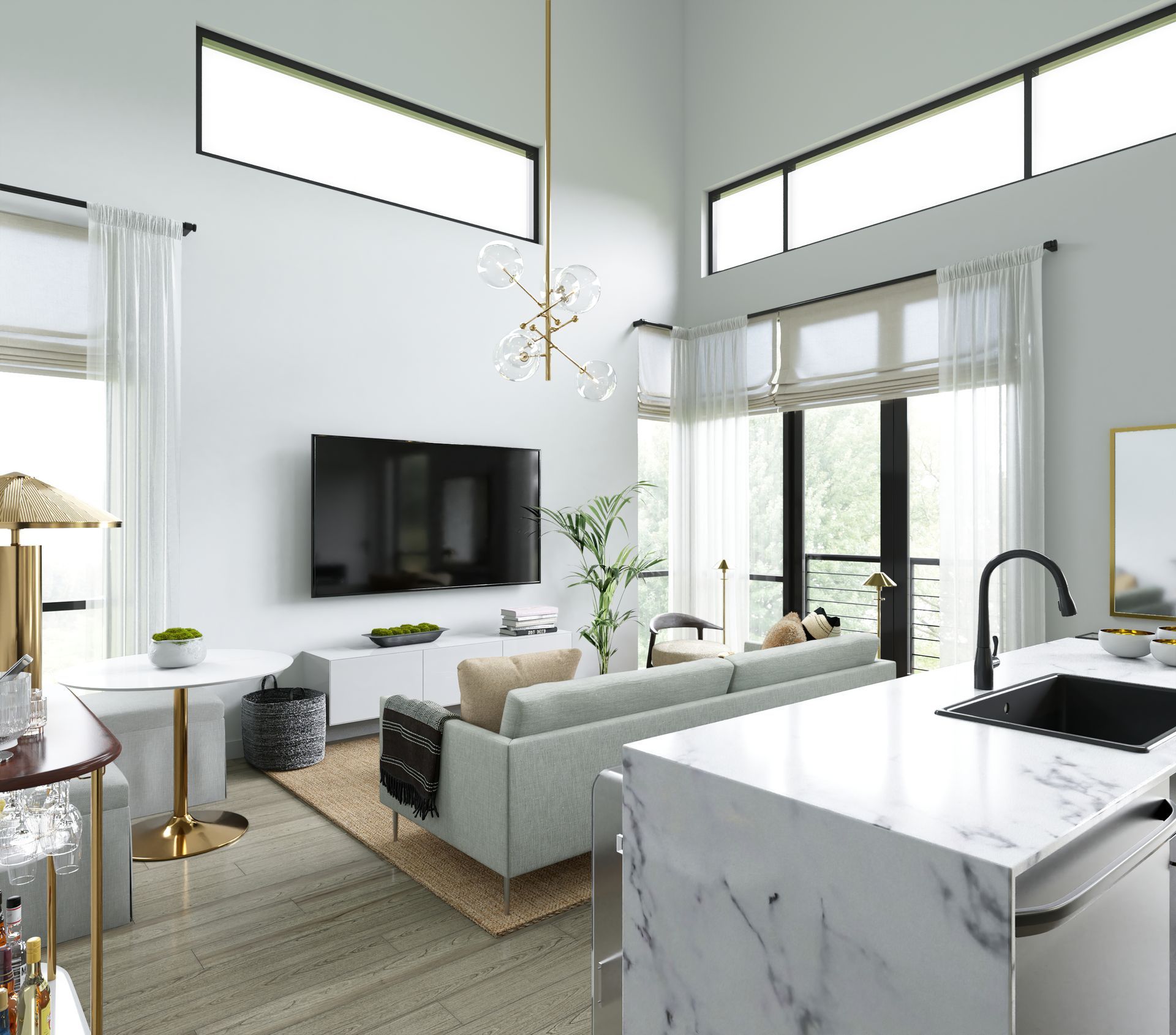 A living room with a couch and a flat screen tv on the wall.