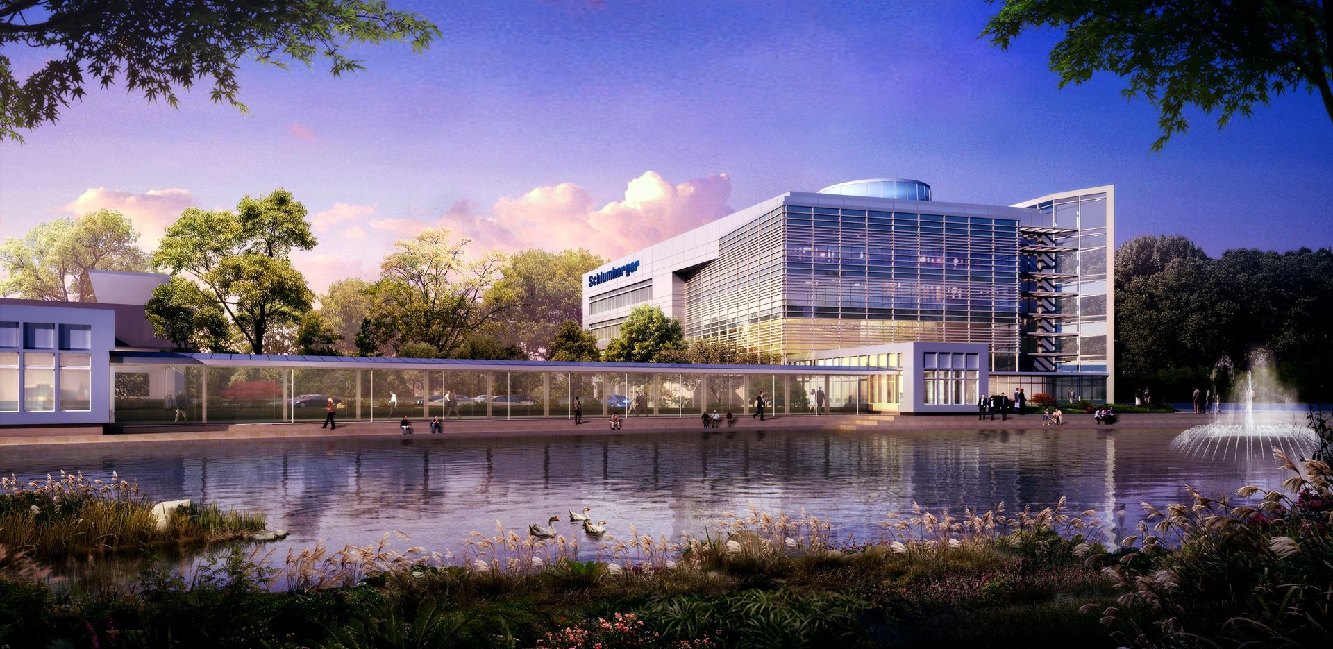 An artist 's impression of a large building next to a lake