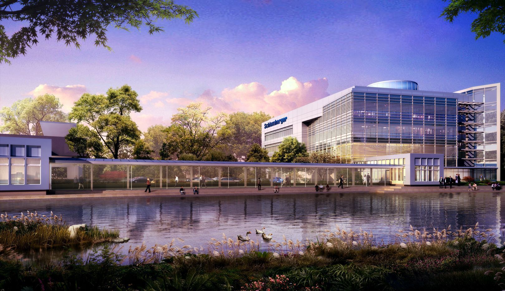 An artist 's impression of a large building next to a body of water.