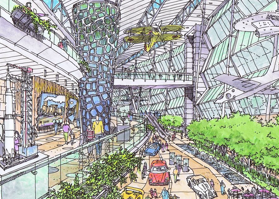 A drawing of a building with a lot of windows and people walking around it.