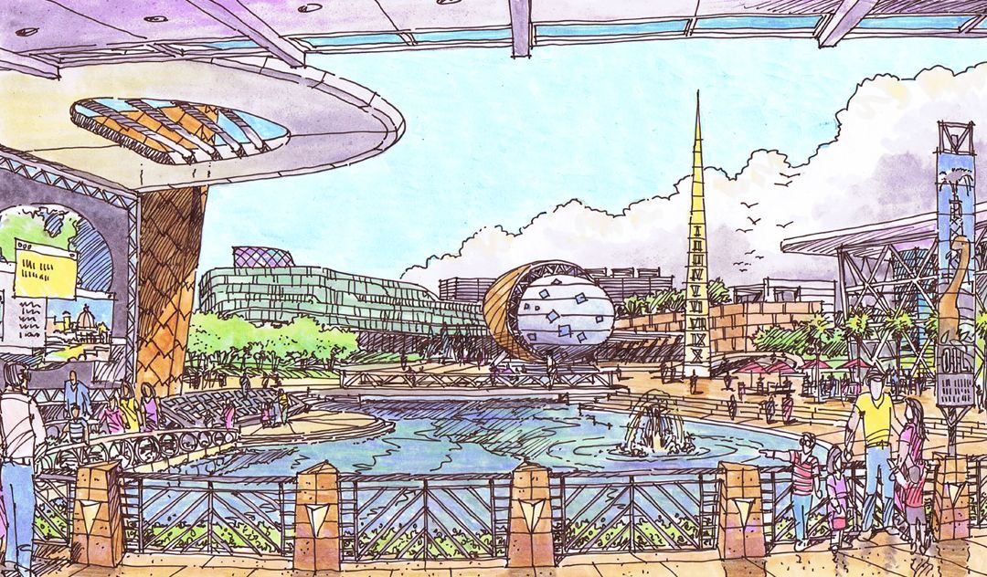 A drawing of a bridge over a river with a city in the background.