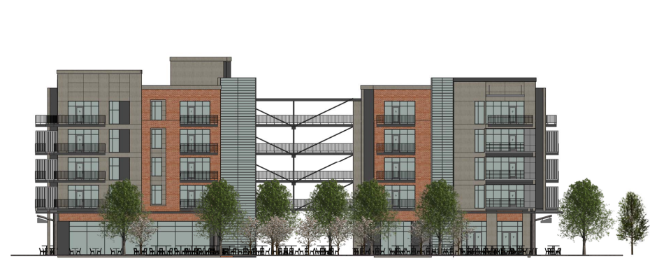 An artist 's impression of a large apartment building with trees in front of it.