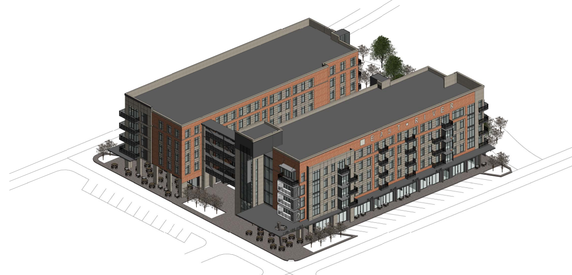 An isometric view of a large building with a lot of windows.