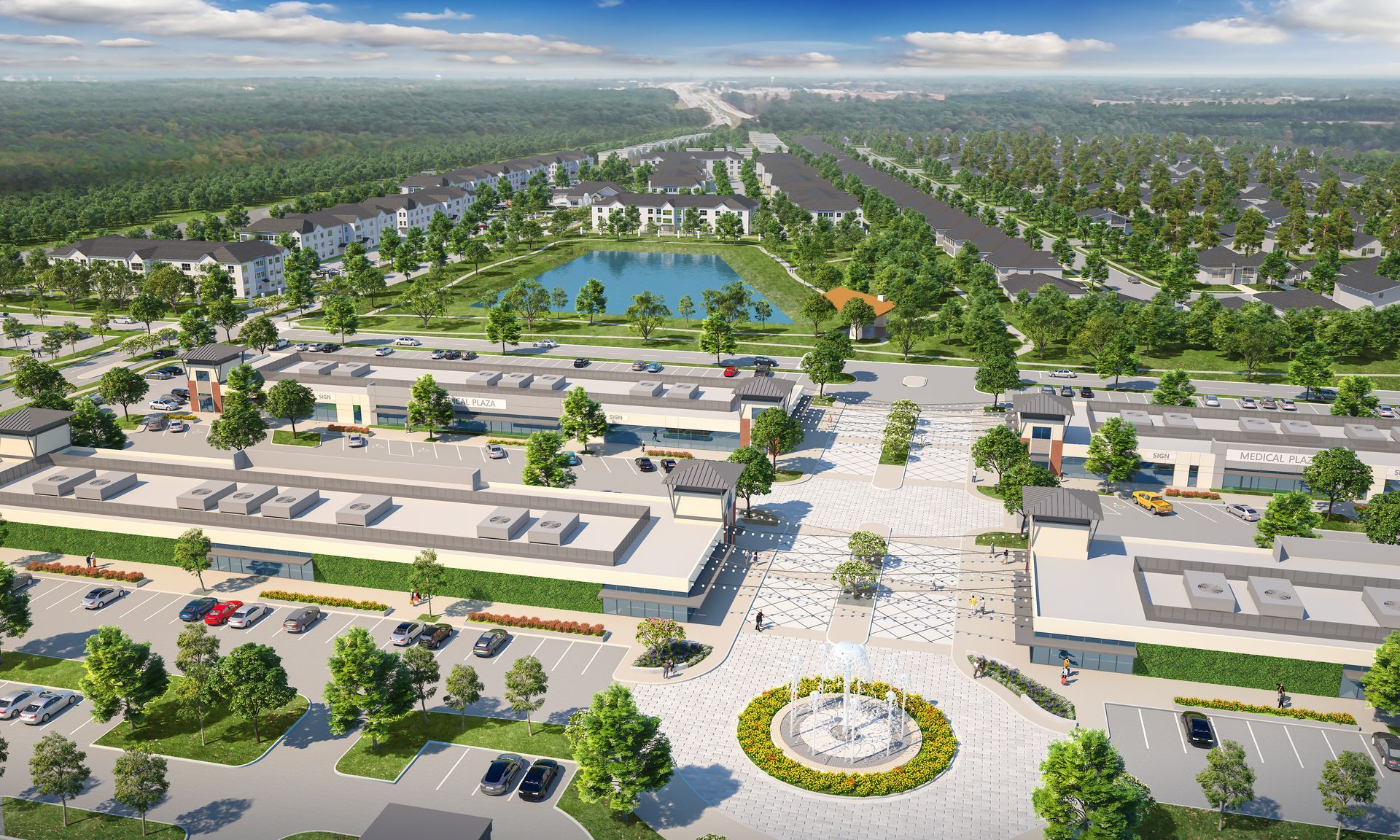 An aerial view of a city with lots of buildings and trees