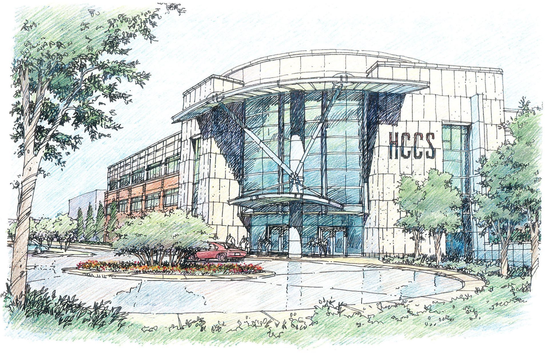 A drawing of a large building with the word hccs on it.