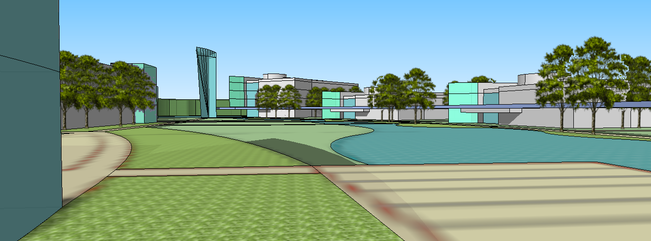 A computer generated image of a city with trees and buildings