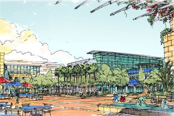 A drawing of a city with a lot of buildings and trees