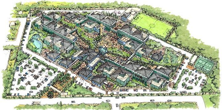 An aerial view of a residential area with lots of buildings and trees.