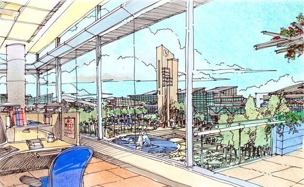 A drawing of a room with a view of a city