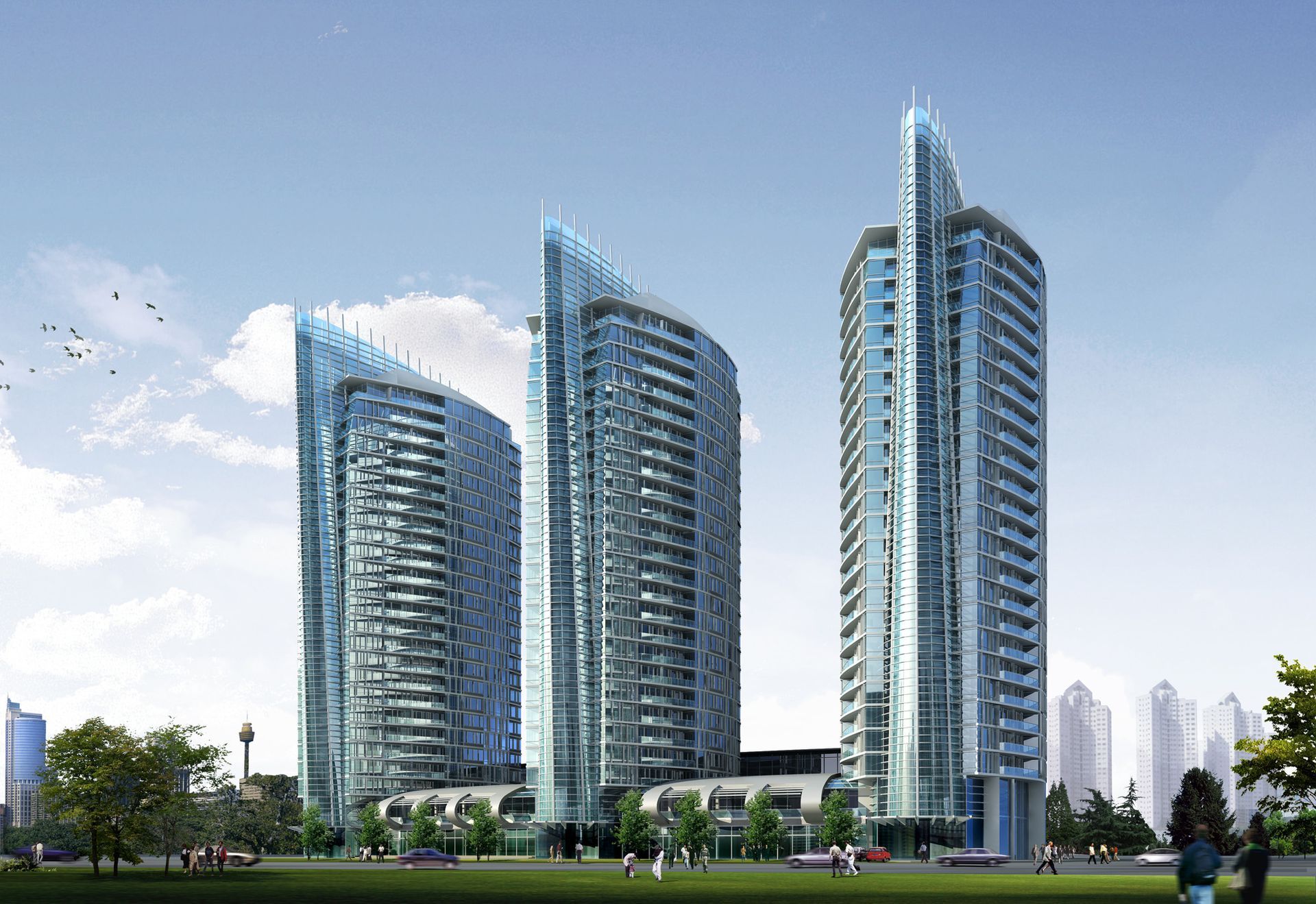 A group of tall buildings are sitting next to each other in a city.