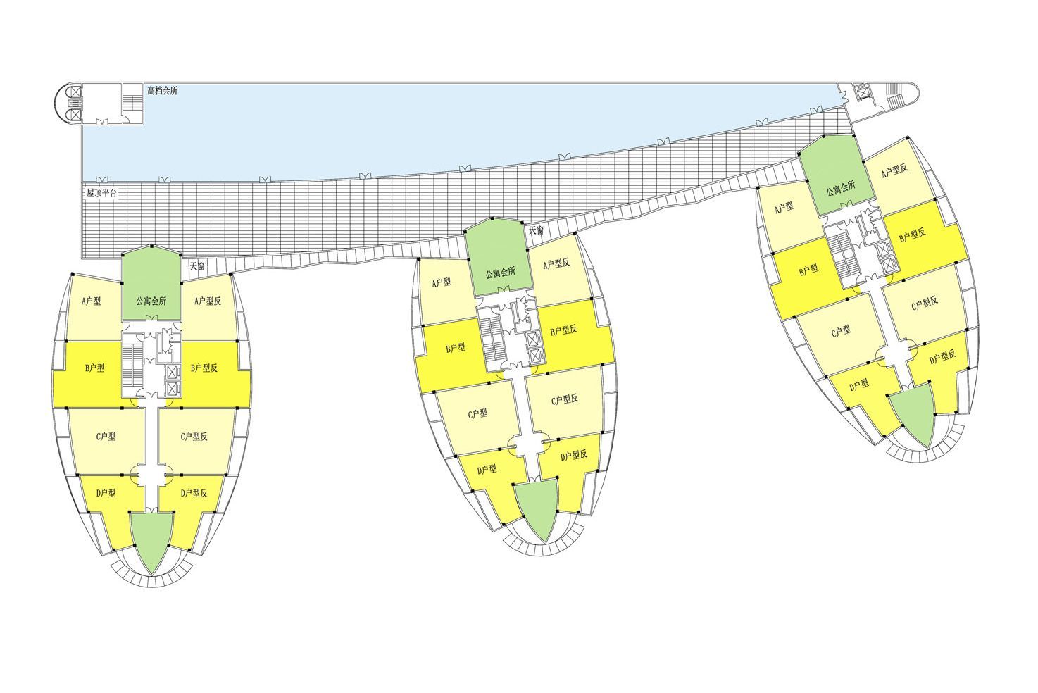 A floor plan of a building with yellow and green blocks