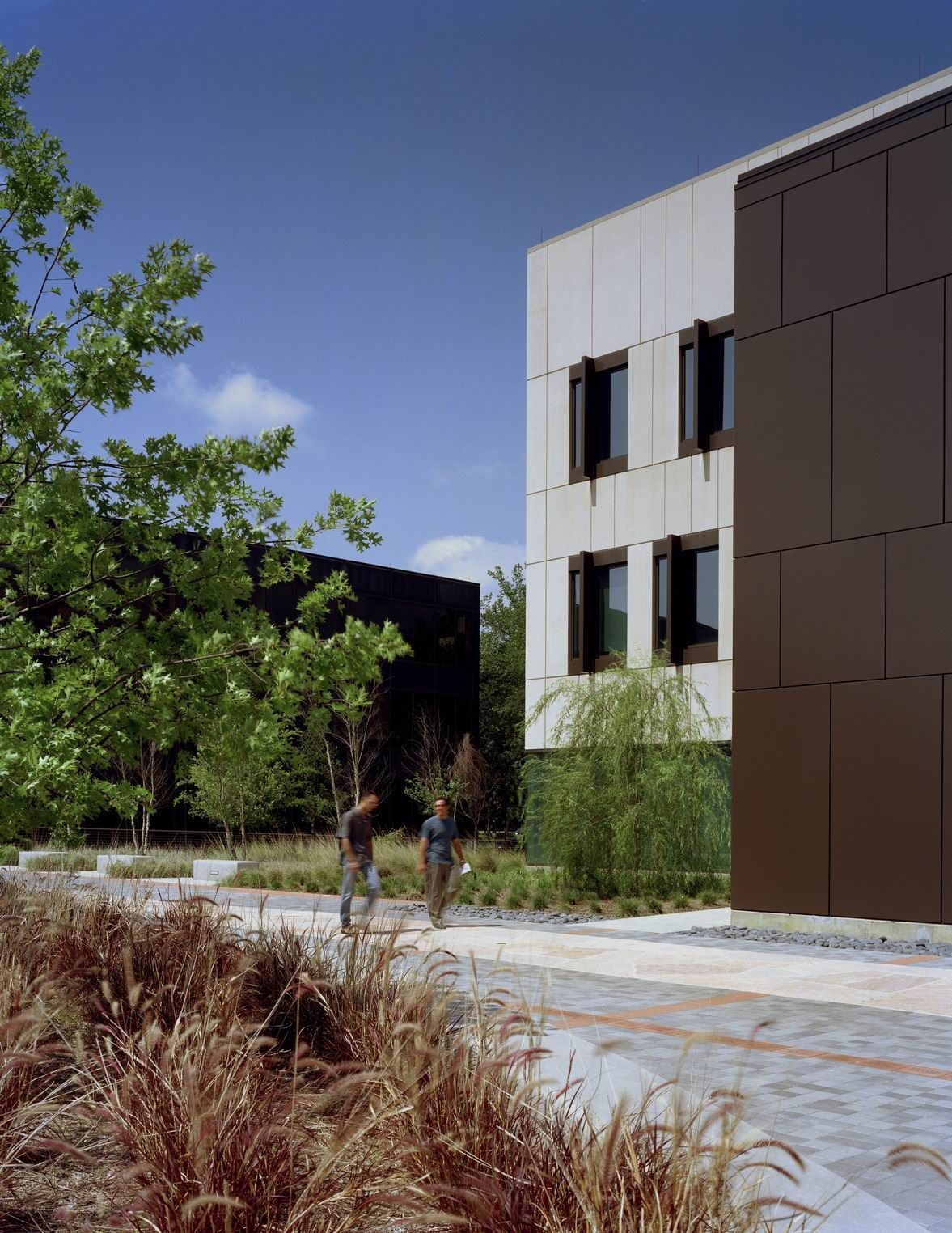 A couple of people walking in front of a building