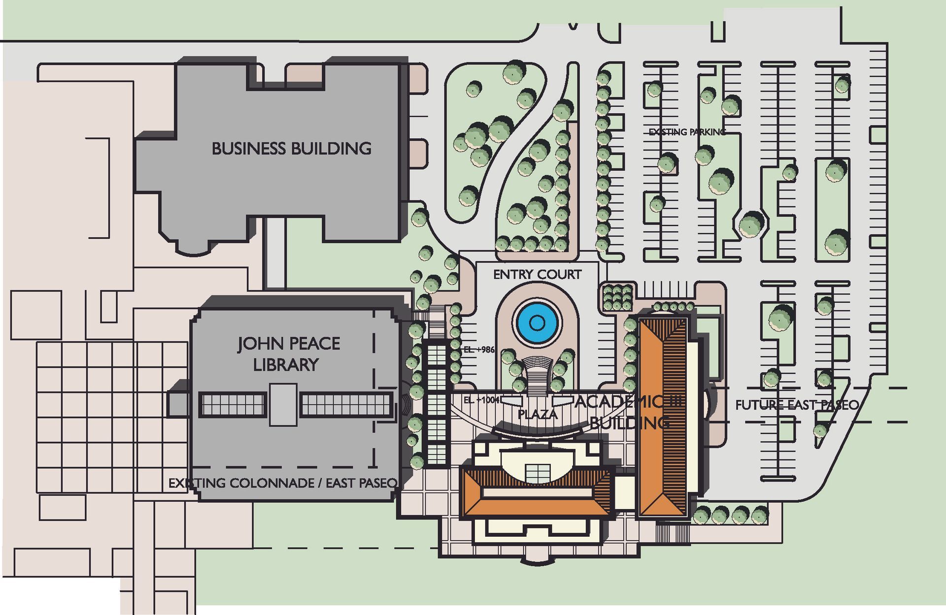 A drawing of a business building and a library
