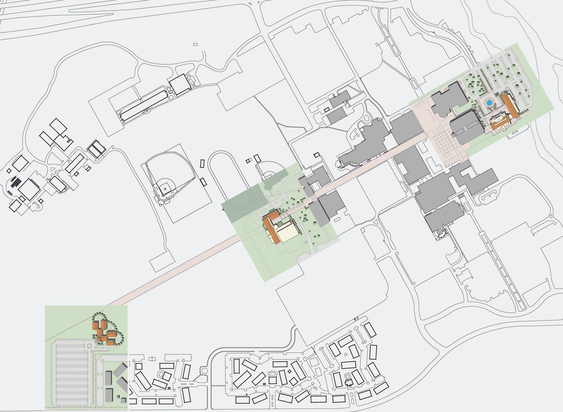 A black and white map of a city with buildings and roads