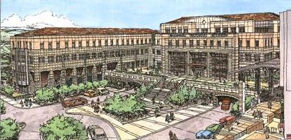 A drawing of a large building with cars parked in front of it