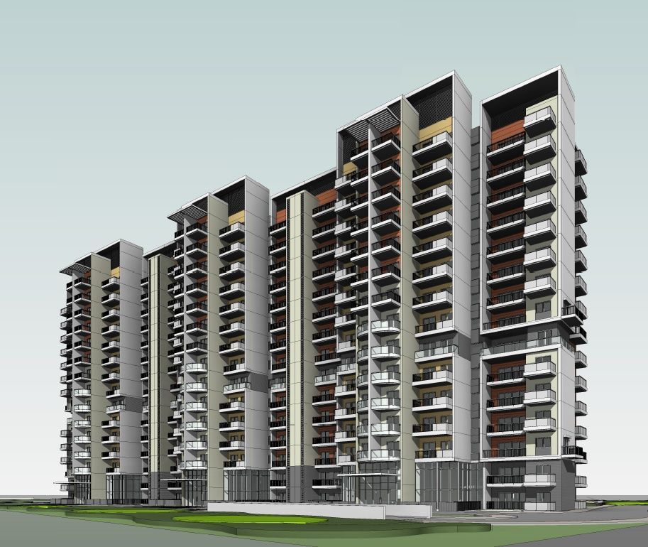 An artist 's impression of a row of tall buildings with balconies.