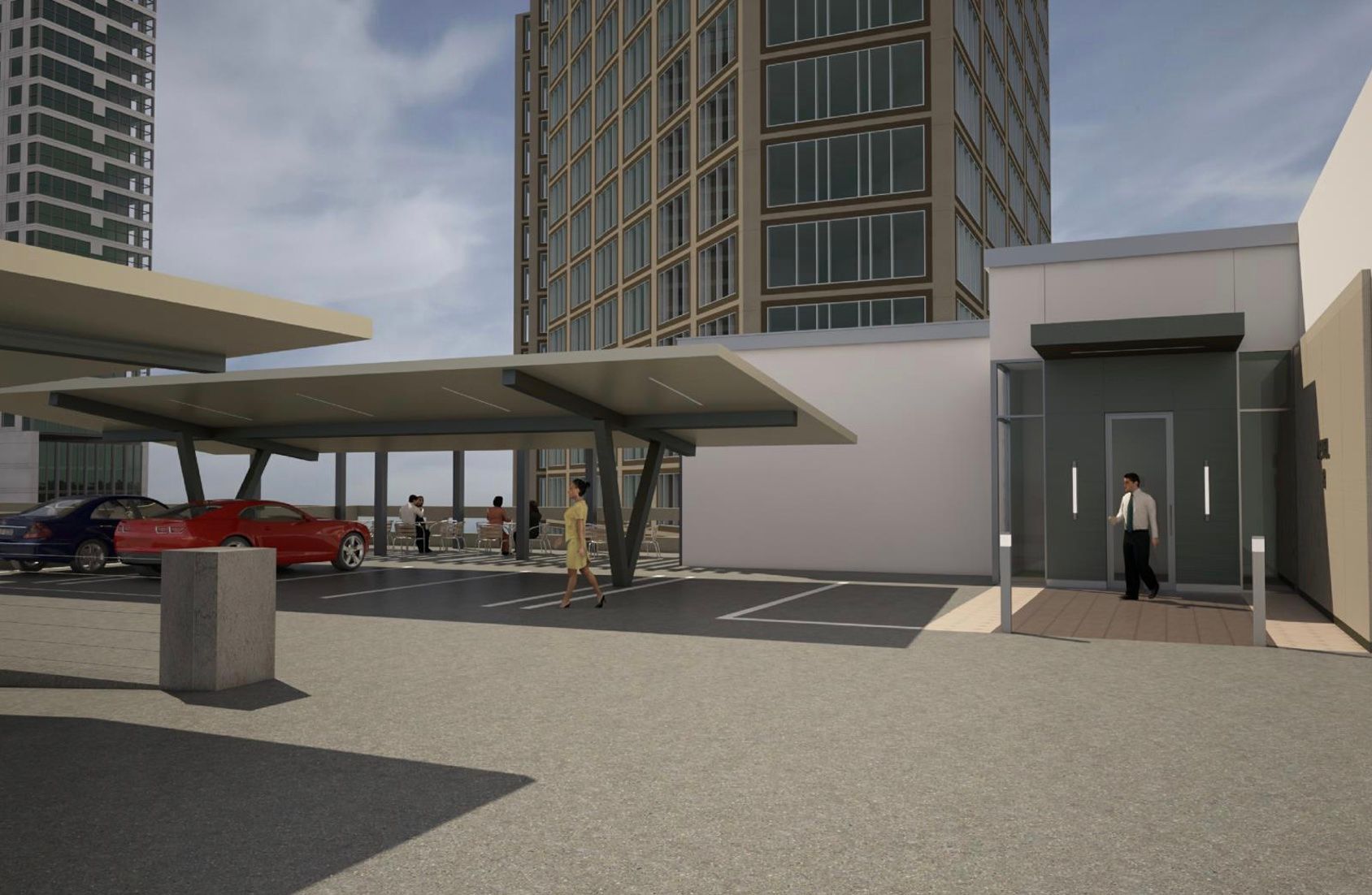 An artist 's impression of a parking lot with a building in the background