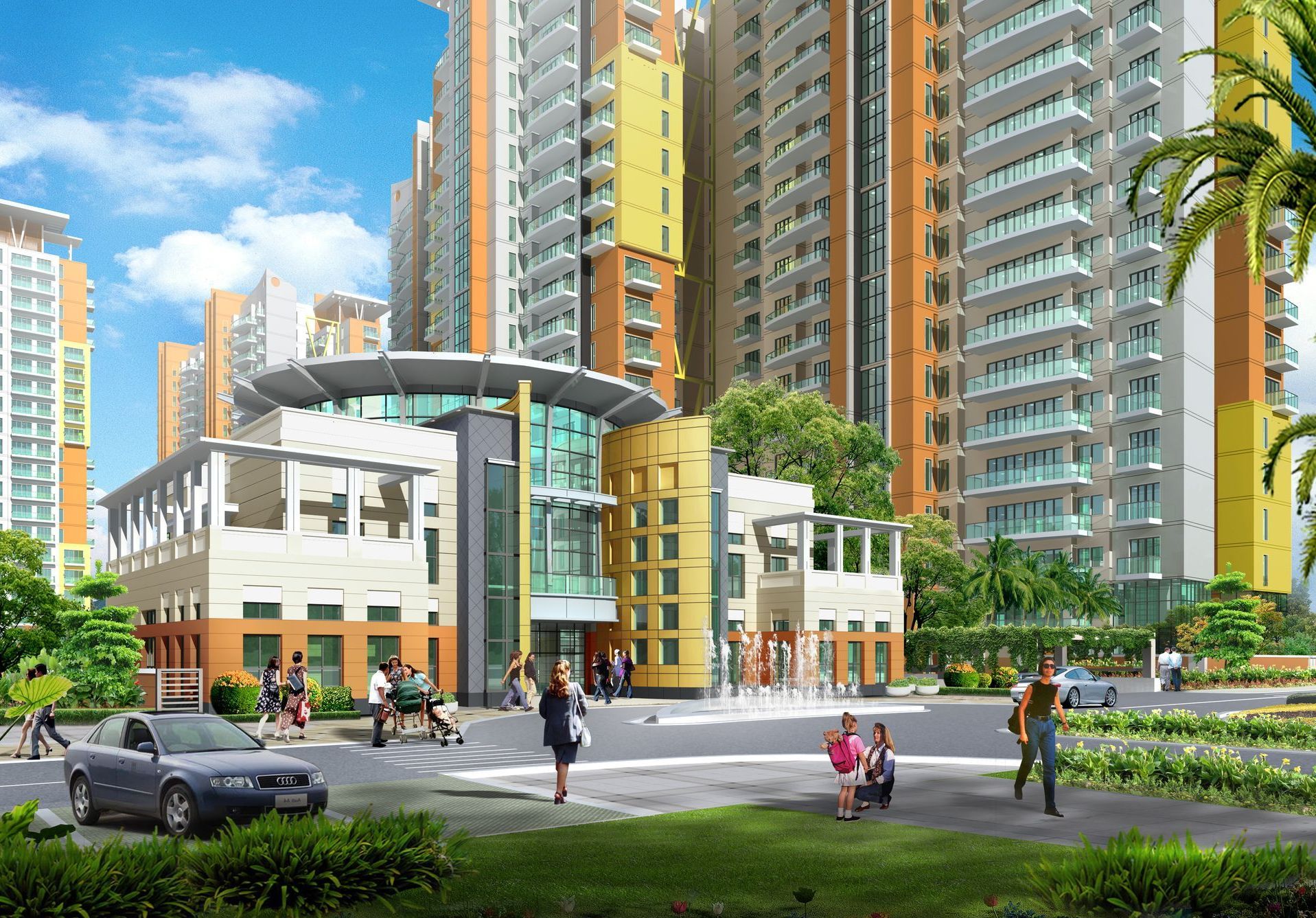 An artist 's impression of a city with a lot of tall buildings