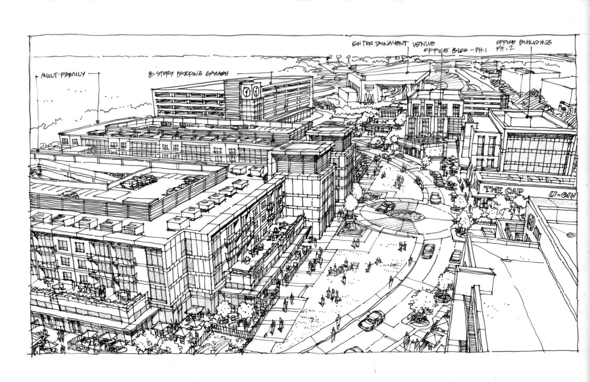 A black and white drawing of a city with lots of buildings and people.