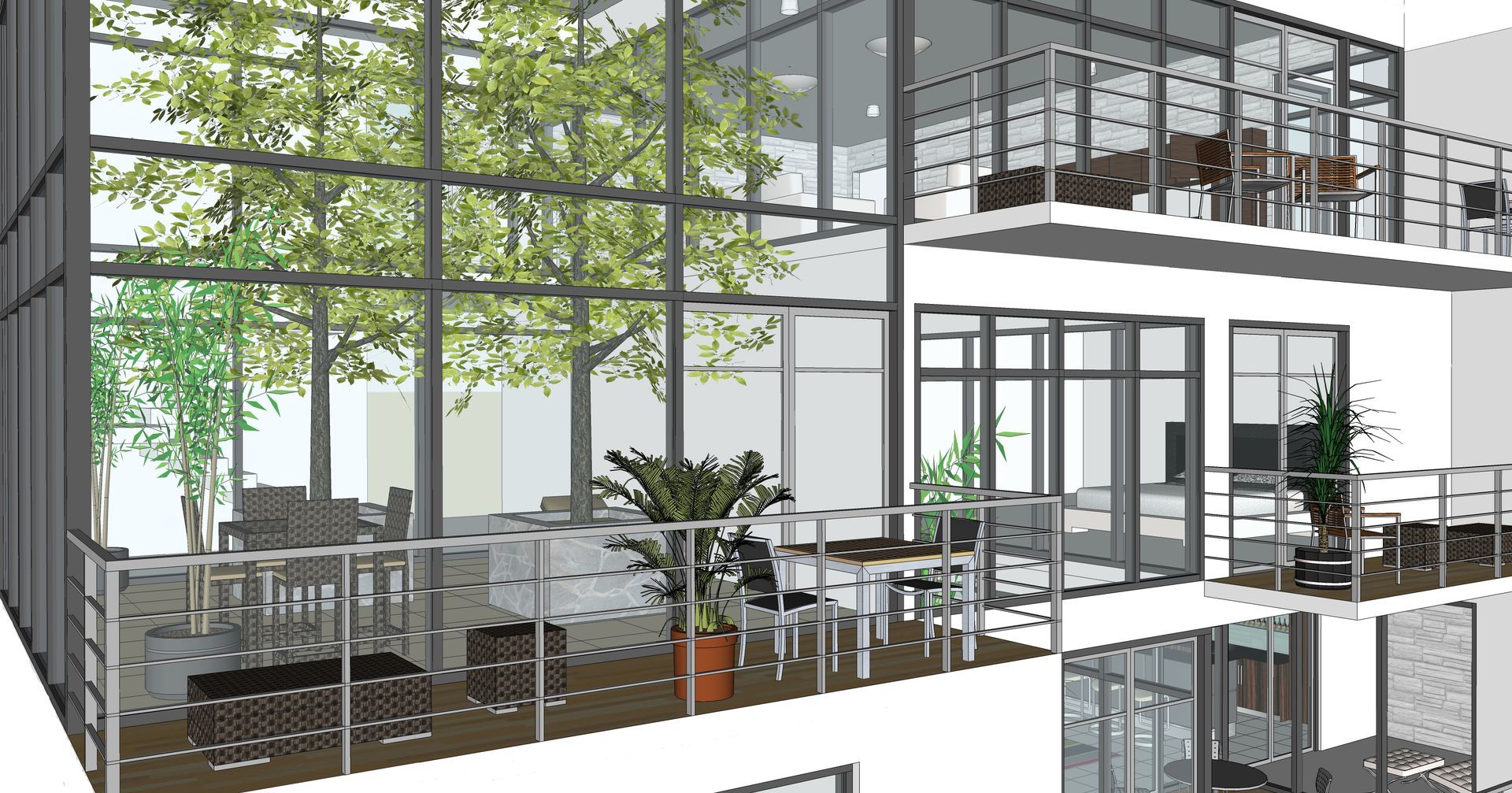 A computer generated image of a building with lots of windows and balconies.