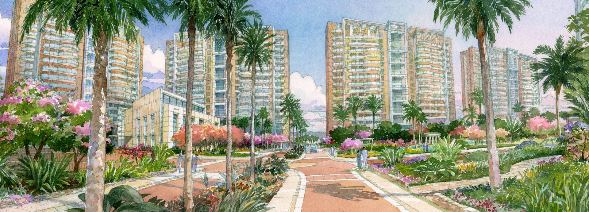 A painting of a city with palm trees and buildings