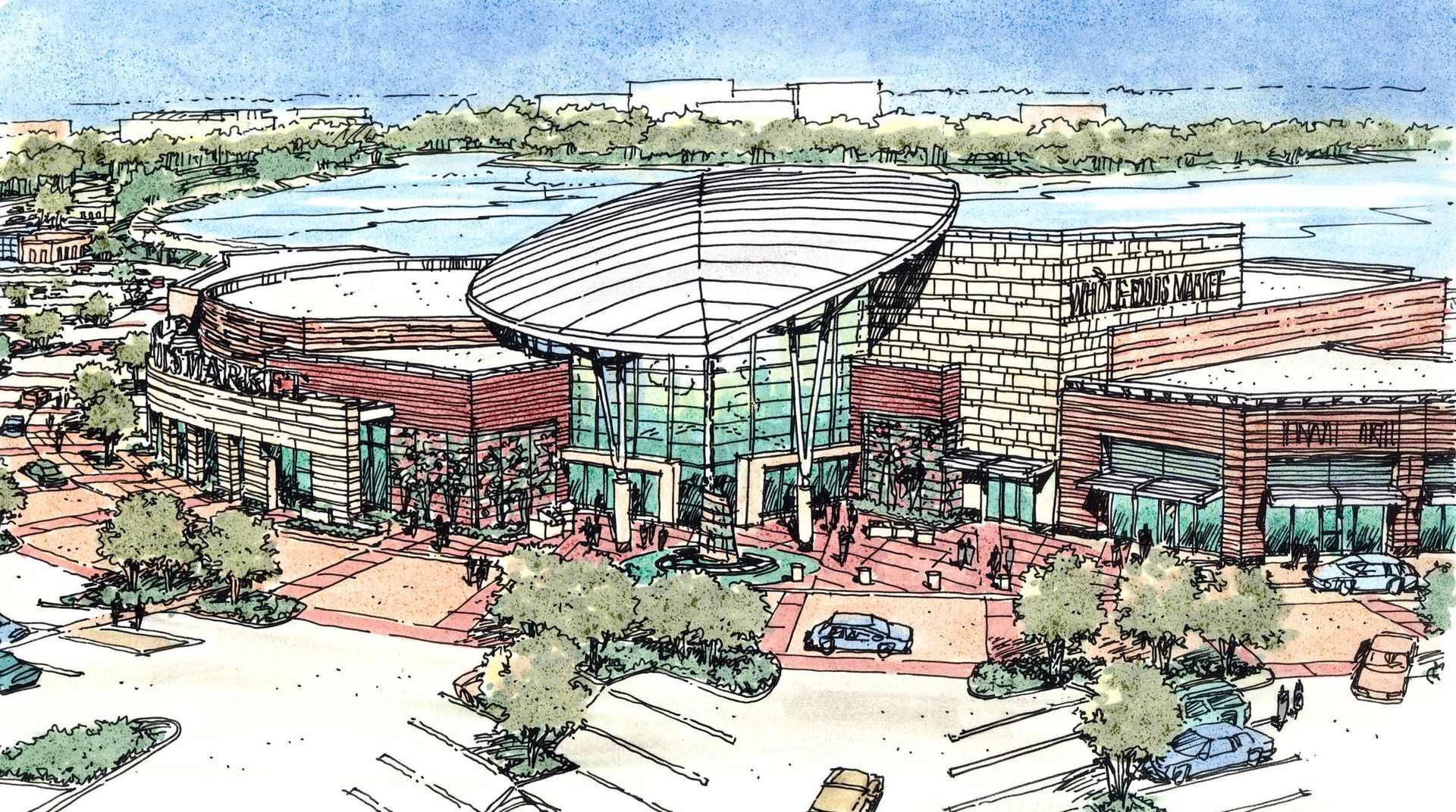 A drawing of a building with a large dome on top