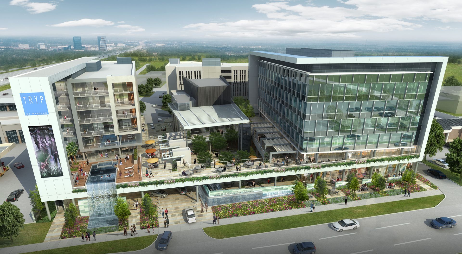 An aerial view of a large building with a lot of windows