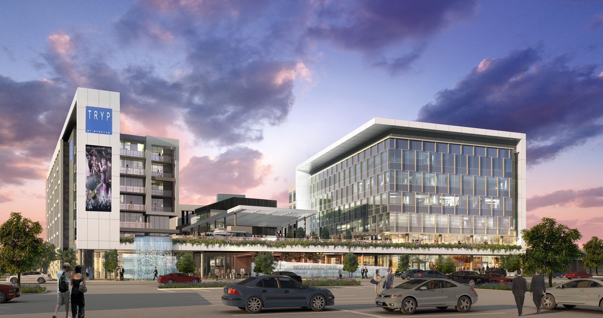 An artist 's impression of a large building with cars parked in front of it.