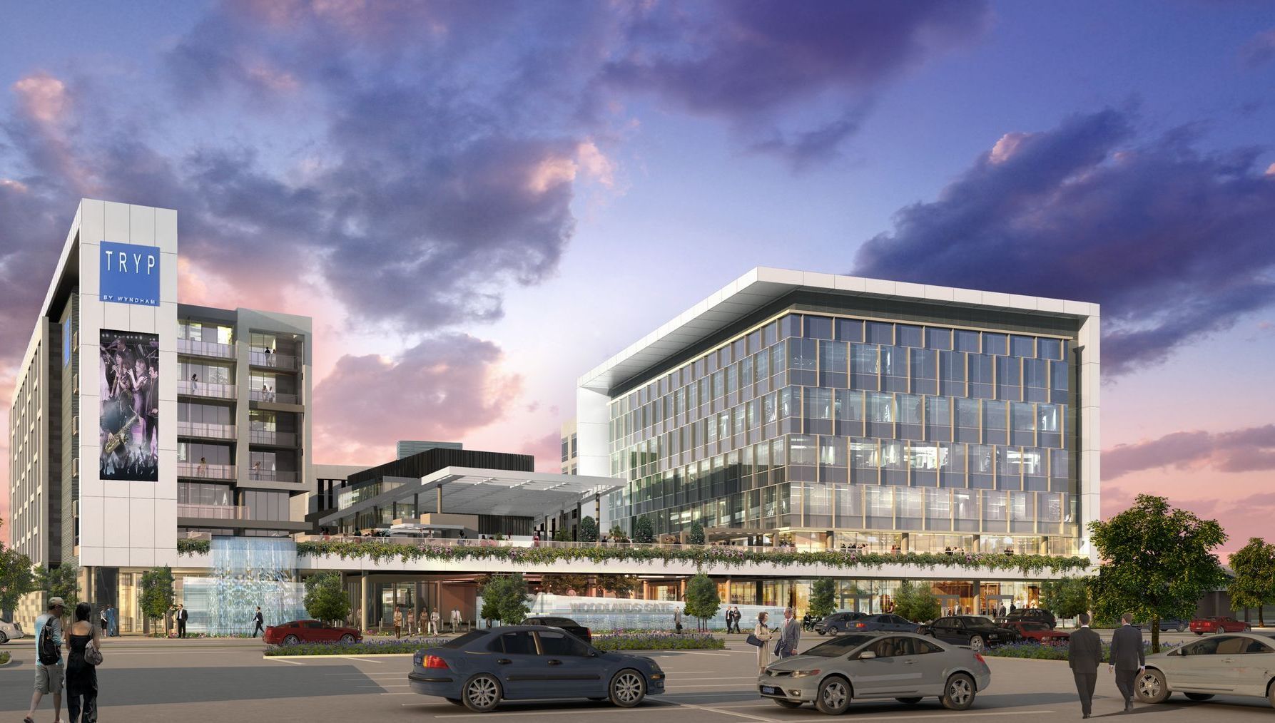 An artist 's impression of a large building with cars parked in front of it.