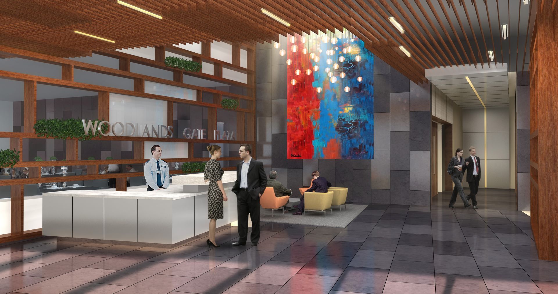 An artist 's impression of the lobby of a hotel.