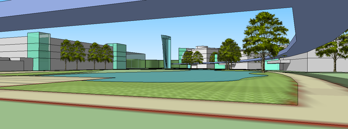 A computer generated image of a park with trees and buildings