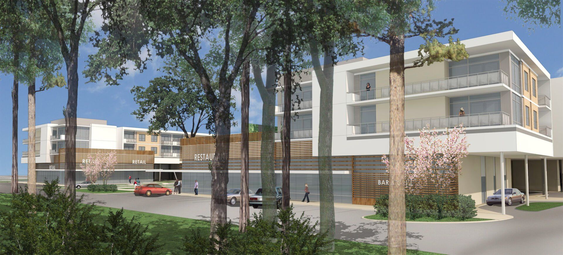 An artist 's impression of a building surrounded by trees