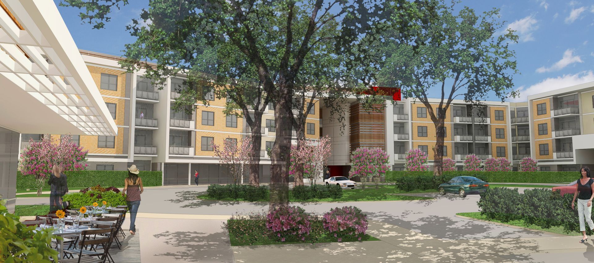 An artist 's impression of a building with a tree in the middle of it.