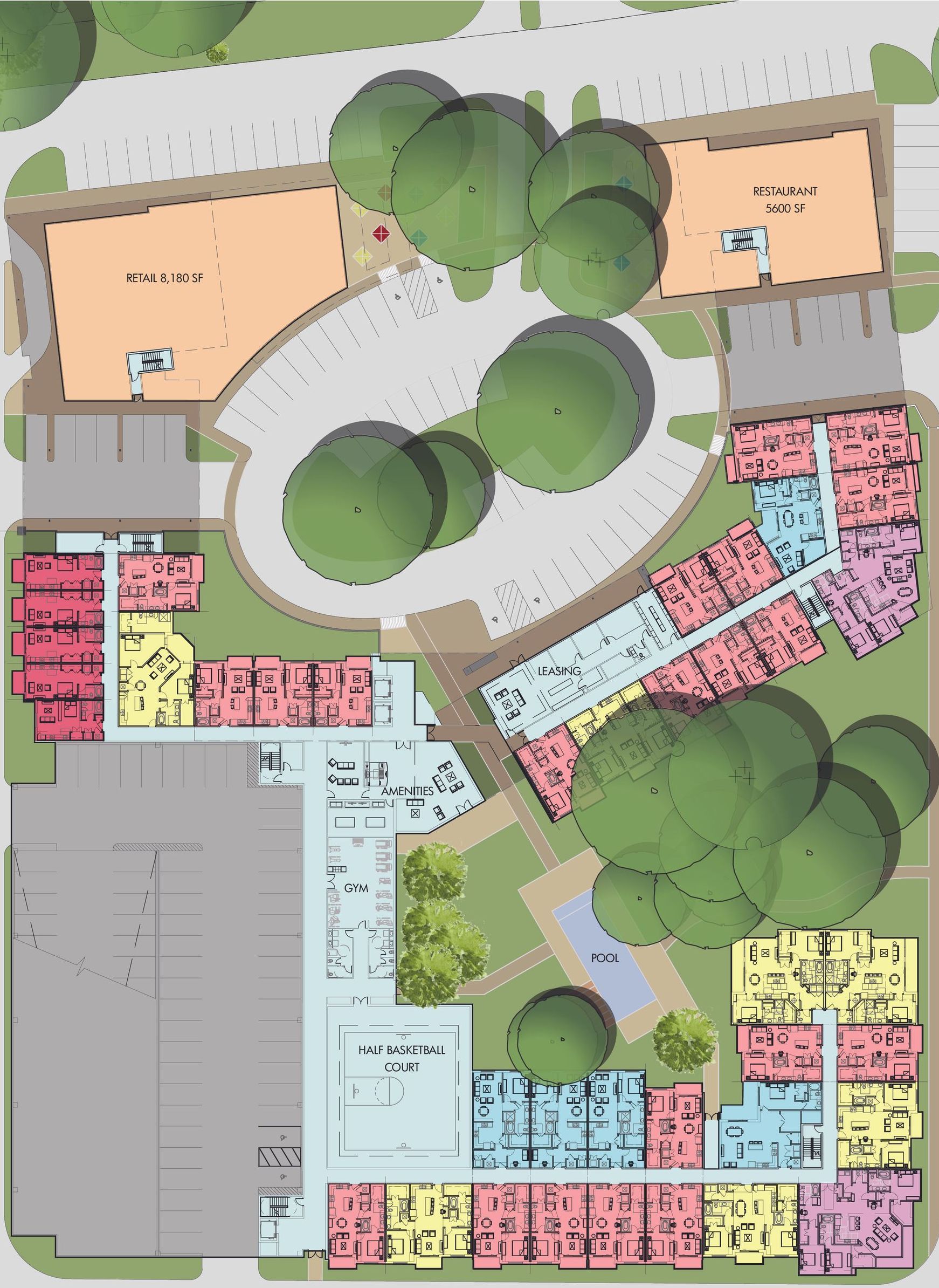 An aerial view of a building with lots of floor plans