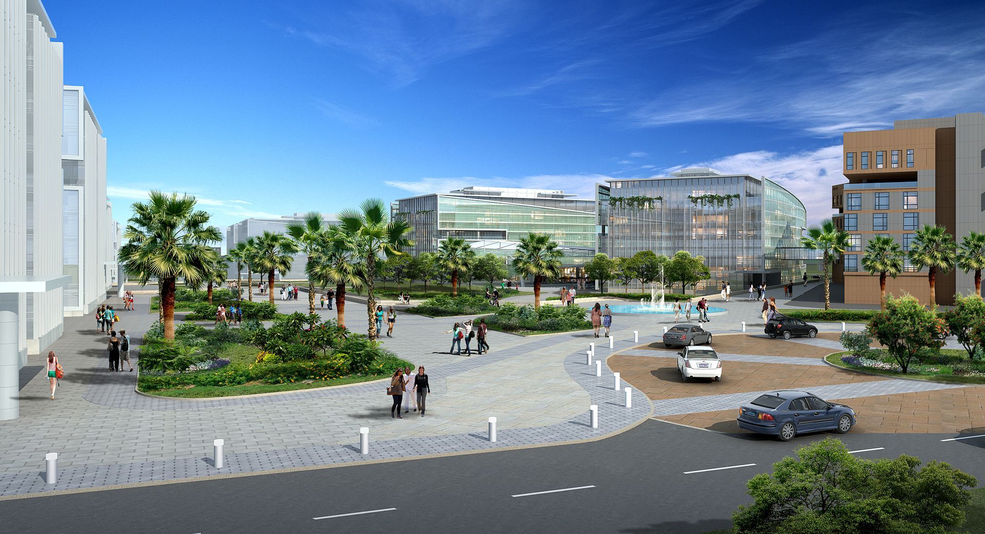 An artist 's impression of a city with cars parked on the side of the road.